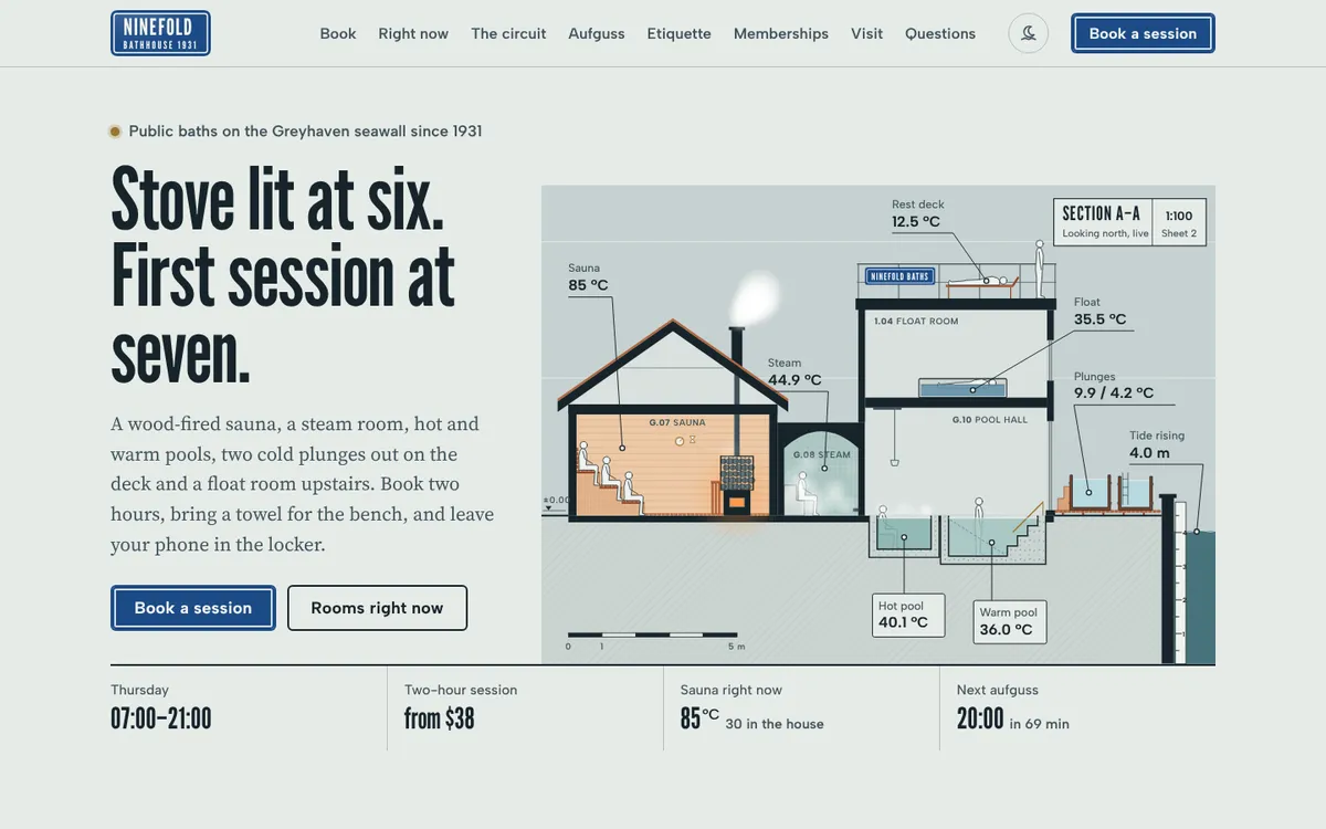 Ninefold Bathhouse website, desktop view